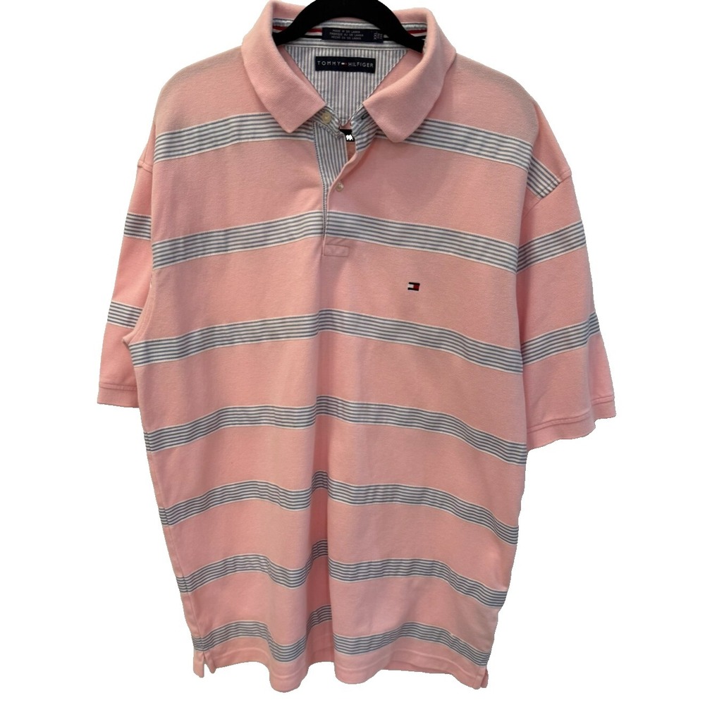 Men's Tommy Hilfiger Size XXL Pink Preppy‎ Oxford Fabric Blue Stripe Pique Polo